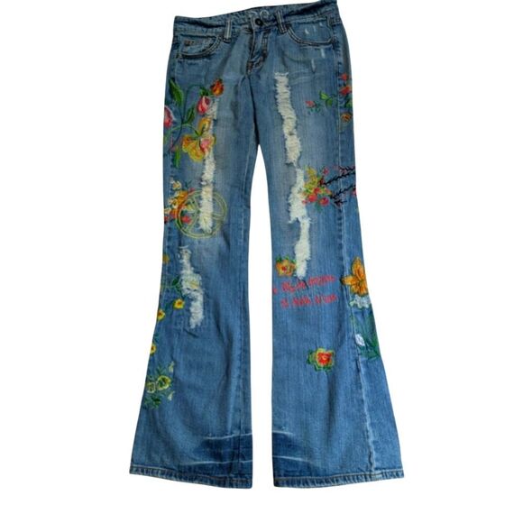 DO Denim‎ Y2K Boho Distressed Floral Embroidered Women's Flare Jeans Size 27 - Picture 1 of 11